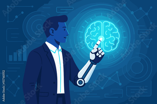Businessman with mechanical robotic arm touching glowing brain on virtual interface. AI, artificial intelligence, futuristic technology, innovation and business strategy concept.
