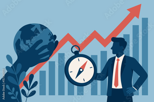 Businessman with compass navigating global economic crisis. Business strategy for recovery and growth. Concept to rethink, reinvent, and resume on a financial chart background.