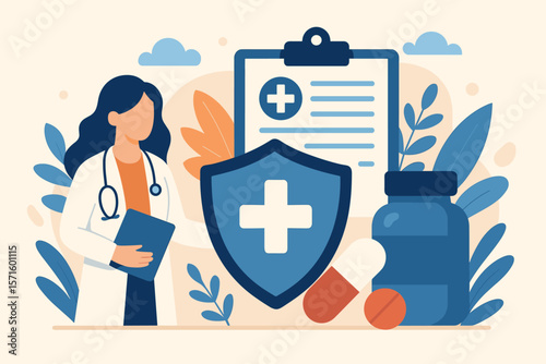 Health insurance and medical care concept vector illustration. Female doctor with clipboard next to a protection shield, prescription form, pills, and medicine bottle.