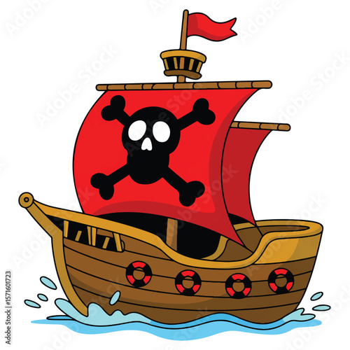 Vector art of a pirate ship with a skull flag is isolated on white background