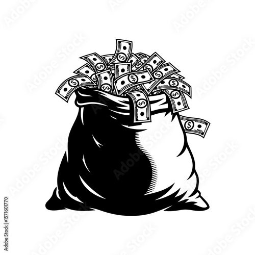 Money Bag Overflowing with US Dollar Bills: Riches and Prosperity Concept