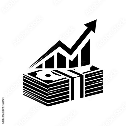 Financial Growth and Investment Success: Stacks of Cash with Upward Trending Bar Graph and Arrow

