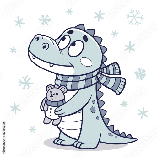 Frosty Winter colored Crocodile with a Curious touch, placed in a Cozy winter theme and styled with with a stuffed animal