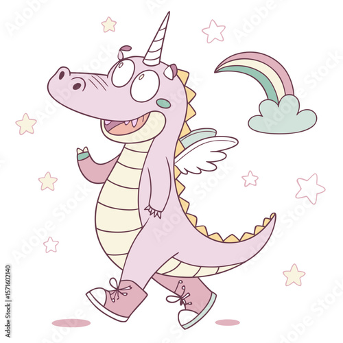 Delightful Excited Crocodile in a Unicorn Dreams scene with with a balloon – Unicorn Dreams vector illustration