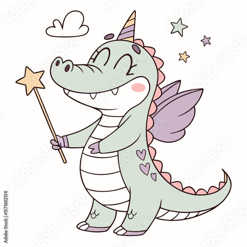 Delightful Excited Crocodile in a Unicorn Dreams scene with with a balloon – Unicorn Dreams vector illustration