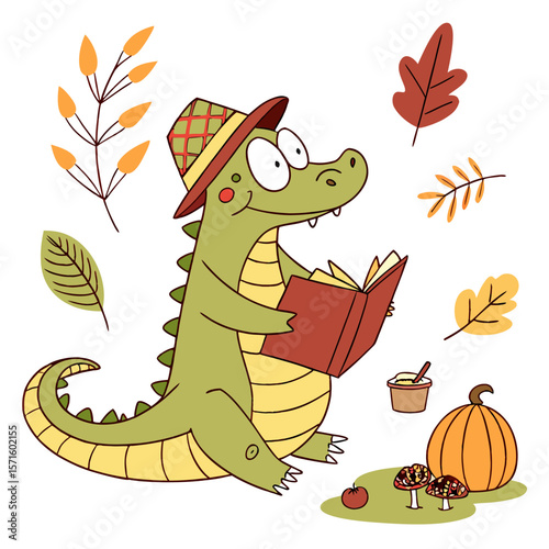 Charming SVG of a Playful Crocodile featuring reading a book, styled in a Thanksgiving theme with Harvest Blessings hues