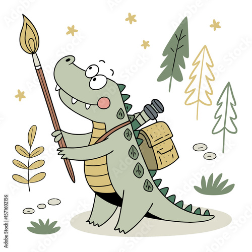 Cute Gentle Crocodile, accessorized with holding a paintbrush, in a Forest adventure world – Evergreen Trails palette vector