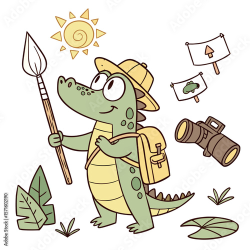 Cute Gentle Crocodile, accessorized with holding a paintbrush, in a Forest adventure world – Evergreen Trails palette vector