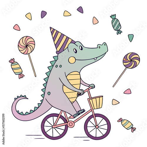 Cute Content Crocodile, accessorized with riding a bicycle, in a Birthday world – Candy Shop palette vector