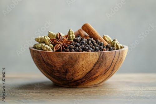 Wooden bowl filled with various aromatic spices like cardamom, star anise, black pepper, and cinnamon sticks.