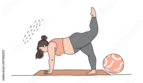 Plus-size woman practicing yoga on a mat with one leg raised and a fitness ball nearby