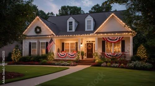 Decorated suburban house with festive lights and patriotic accents during twilight in a peaceful neighborhood