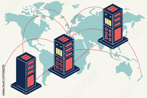 Three server towers connected by red lines over a world map in a network configuration setup view