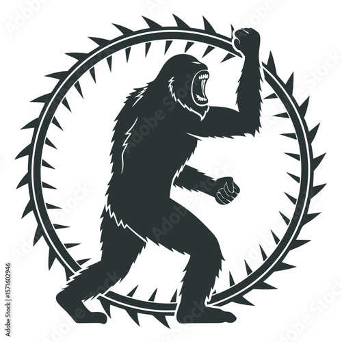 Angry bigfoot silhouette with raised fists inside thorny circle graphic