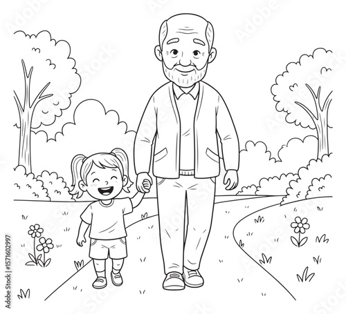 Grandfather and Granddaughter Walking Together in a Park, Black and White Illustration
