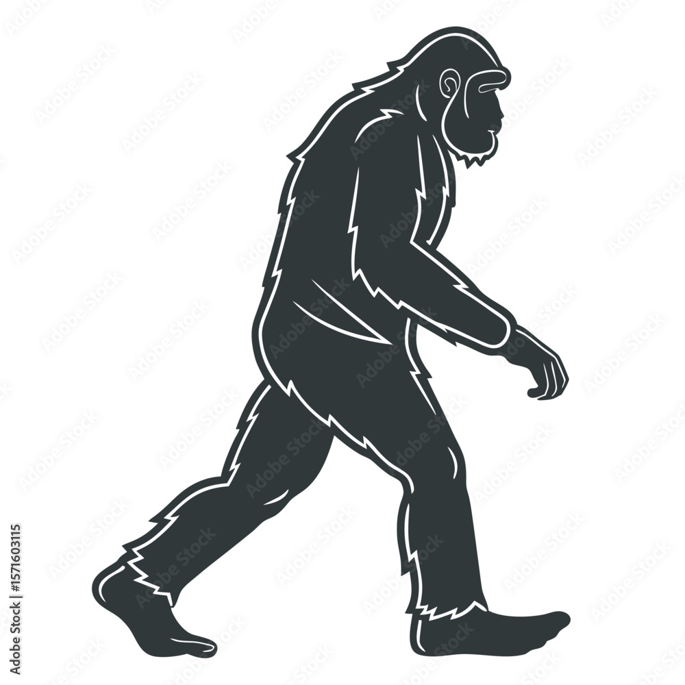 Fototapeta premium Bigfoot silhouette walking illustration cryptid creature legendary ape black and white image