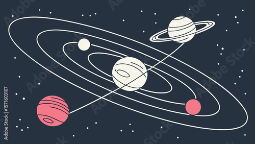 Illustration of a solar system with planets orbiting a star on a dark starry background design