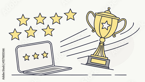 Online awards and recognition concept with trophy and stars for digital achievement and success
