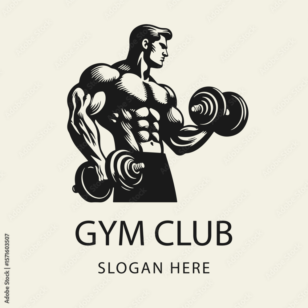 Obraz premium Black and white flat vector logo of a muscular man training with dumbbells. Ideal for gym logos, personal trainers, fitness apparel, and strength workout concepts.