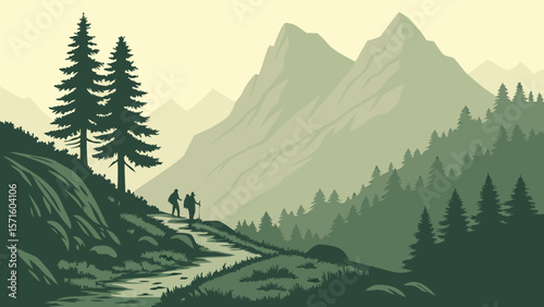 Two hikers walking on a trail through a mountainous landscape with pine trees and a hazy sky background