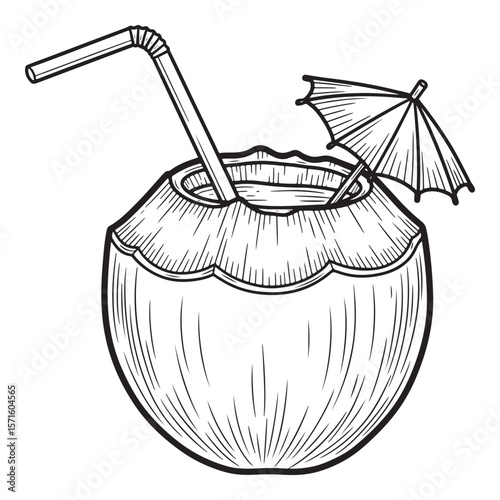 Coconut Cocktail in Black and White Outline with Straw and Umbrella