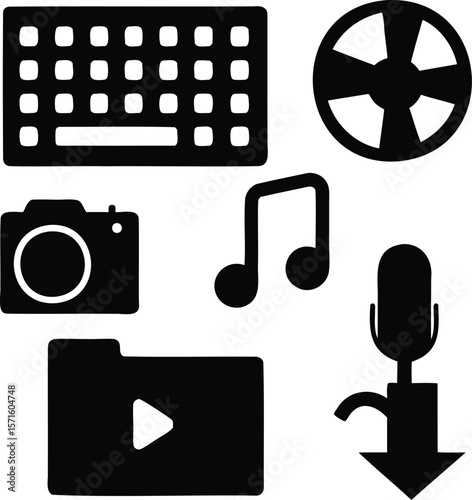 Set of Technology and Media Icons Including Keyboard, Camera, Music, and More - Vector Design for Digital Media and Communication