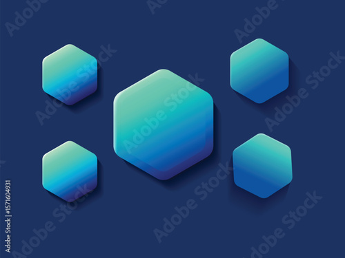 Abstract 3d illustration of symmetrical repeating blue gradient with geometric shapes and lines overlapping gray hexagon tiles.vector illustration