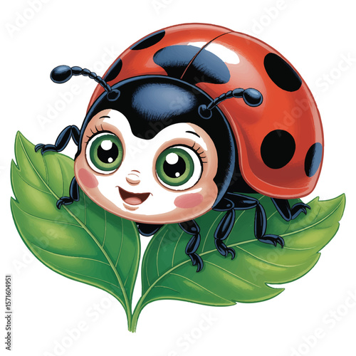 Vector art of a cute cartoon ladybug on green leaves isolated on white background