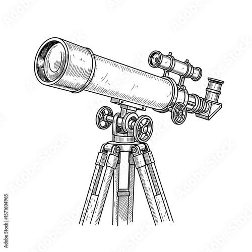 Black and white vintage sketch of a telescope on a tripod, space theme, vector illustration

