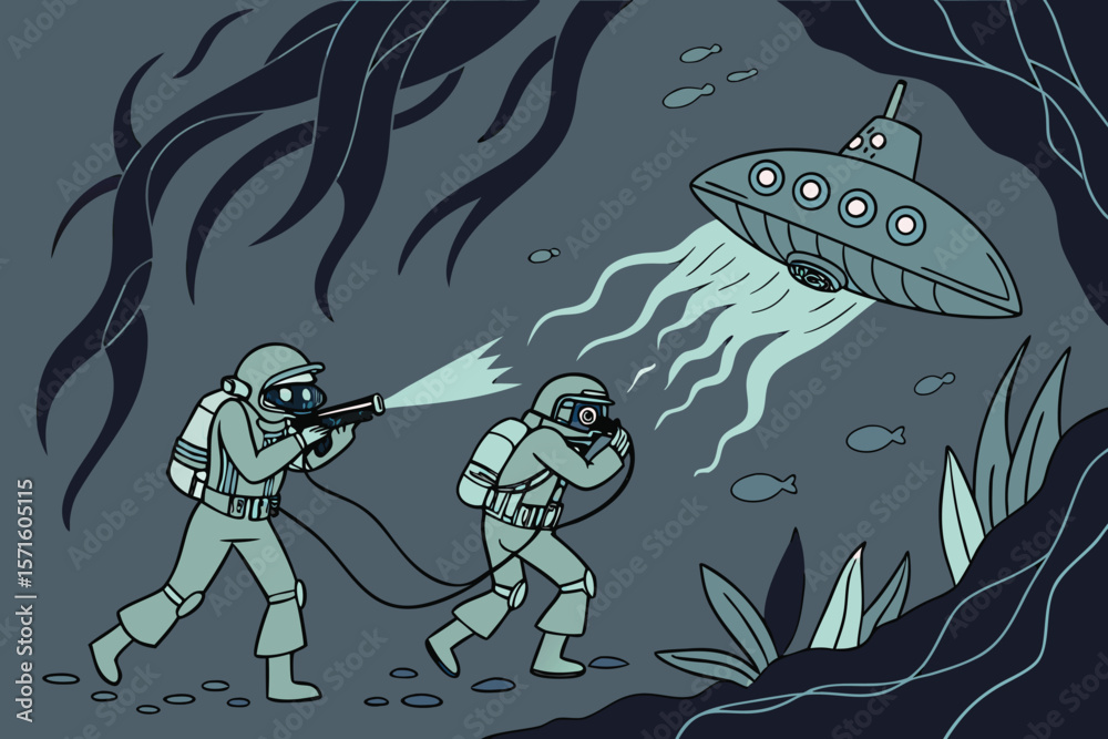 Two divers confronting a ufo with glowing propulsion in a dark underwater environment scene