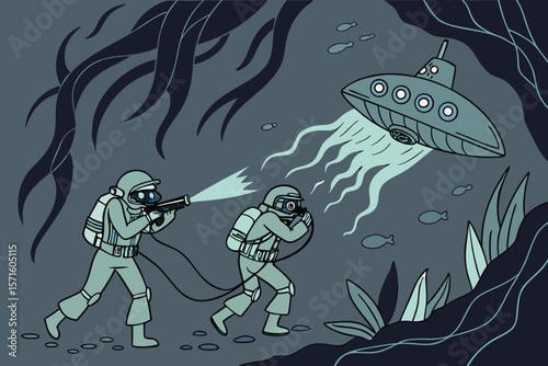 Two divers confronting a ufo with glowing propulsion in a dark underwater environment scene
