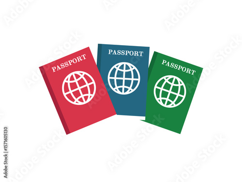 Passport With Map. Red Blue and Green Passports With Globe Realistic Vector Illustration nternational Identification Document. Front Cover. Isolated