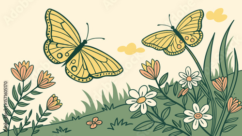Beautiful butterflies flying over a field of flowers in spring garden illustration design vector art