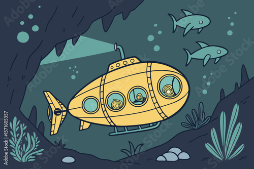 A yellow submarine exploring underwater with occupants and fish near a cave and some seaweed plants