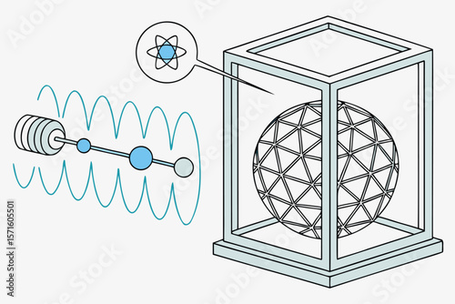 Illustration of a molecule with atom, sphere in a frame, and wave lines on a light background