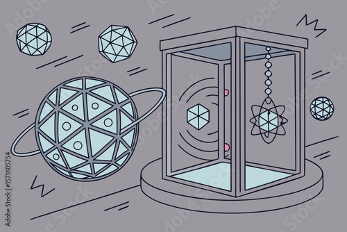 Geometric shapes and atom model inside a glass box with planetary objects floating around the scene