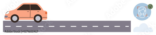 Orange car driving on a gray road with dashed lines, facial recognition icon with checkmark, and clouds. Ideal for AI technology, autonomous vehicles, facial recognition, travel, innovation, safety