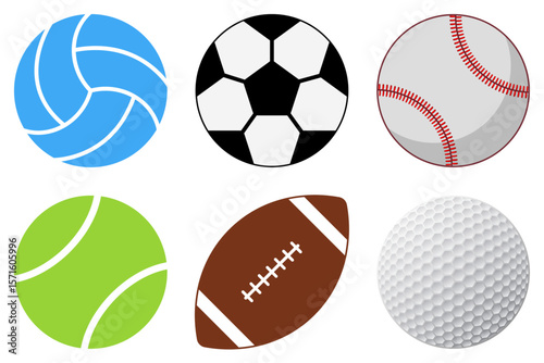Sports Balls Vector Illustration Set Volleyball, Soccer, Baseball, Tennis, Football, Golf Ball Icons