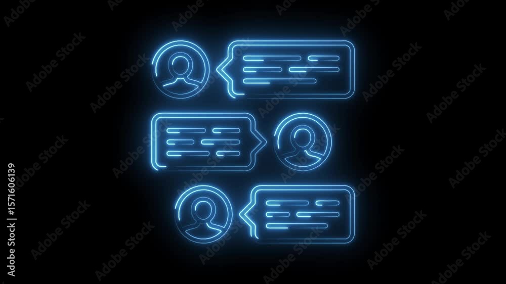 Neon glowing contact chat communication icons animation on black background loopable