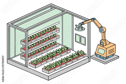 Isometric view of a vertical farm with multiple shelves of plants and a robotic arm tending to them