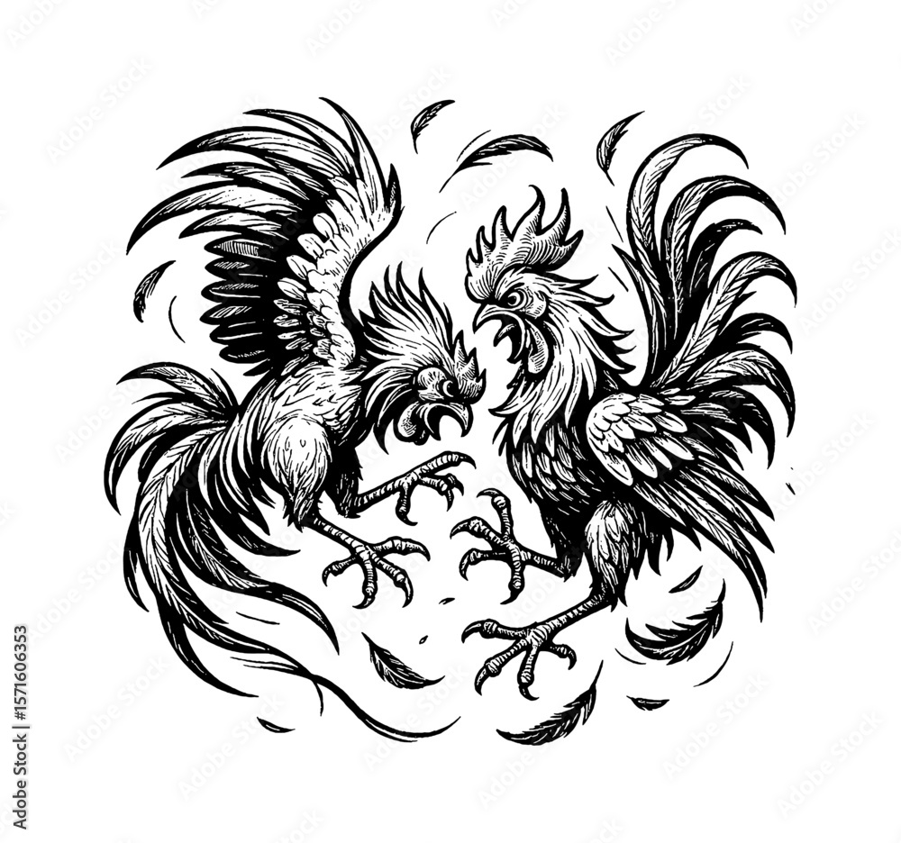 Fototapeta premium Illustration of Two Roosters Fighting Aggressively with Feathers Floating in a Black and White Style