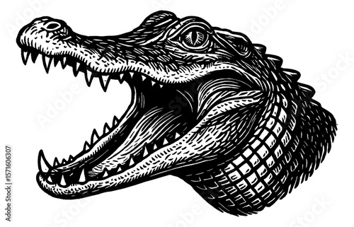 Detailed Black and White Engraving of an Alligator with Open Mouth Showing Sharp Teeth