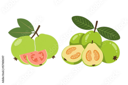 Vibrant green guava graphic with leaves, suitable for food designs, packaging, or healthy eating promotions needing a fresh tropical fruit icon.