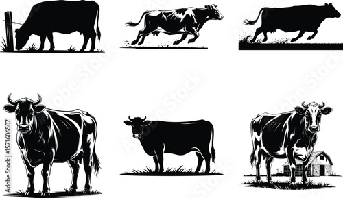 Cow Silhouette Bundle, Dairy Cow Vector Art isolated on a White Background. Jumping Cow SVG graphic illustration.