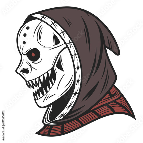 A stylized side profile of a skull wearing a dark hooded cloak with menacing teeth and a red eye staring