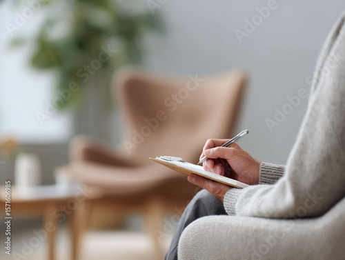 Closeup of hands writing on a clipboard with a pen in a calming, neutraltoned room. Represents reflection, planning, therapy, or documentation in a serene setting.