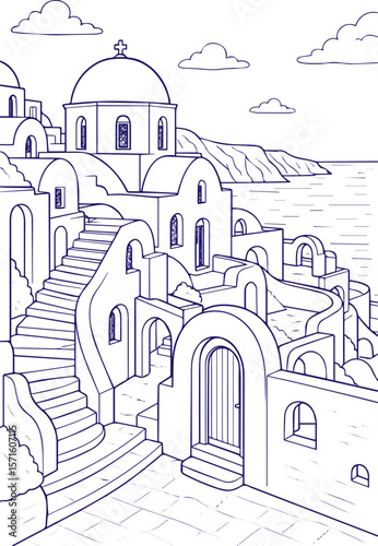 Greek island architecture in line art style with sea view