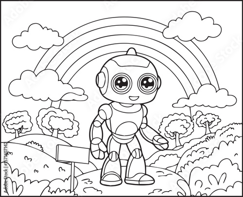 Robot coloring page for kids, cute robot in natural sky rainbow scenery black line art vector illustration for children coloring book design