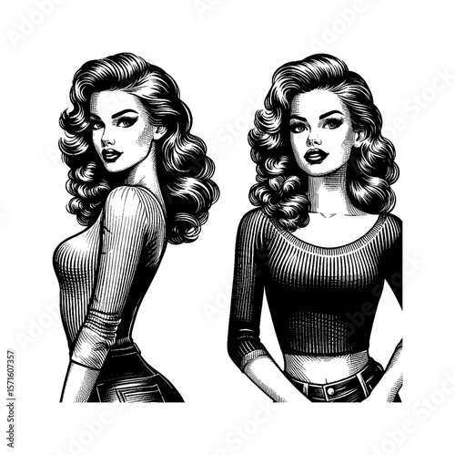 Two Retro Style Caucasian Women Posing with Wavy Hair in Engraved Line Art Drawing