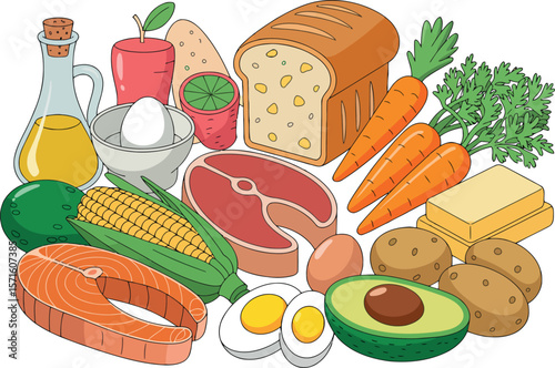  a vibrant composition of various healthy food items, neatly arranged together. 